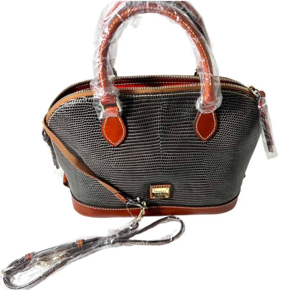 SOLD Dooney & Bourke Womens Grey Leather Lizard Embossed Zip Zip Satchel Handbag - Picture 6 of 14